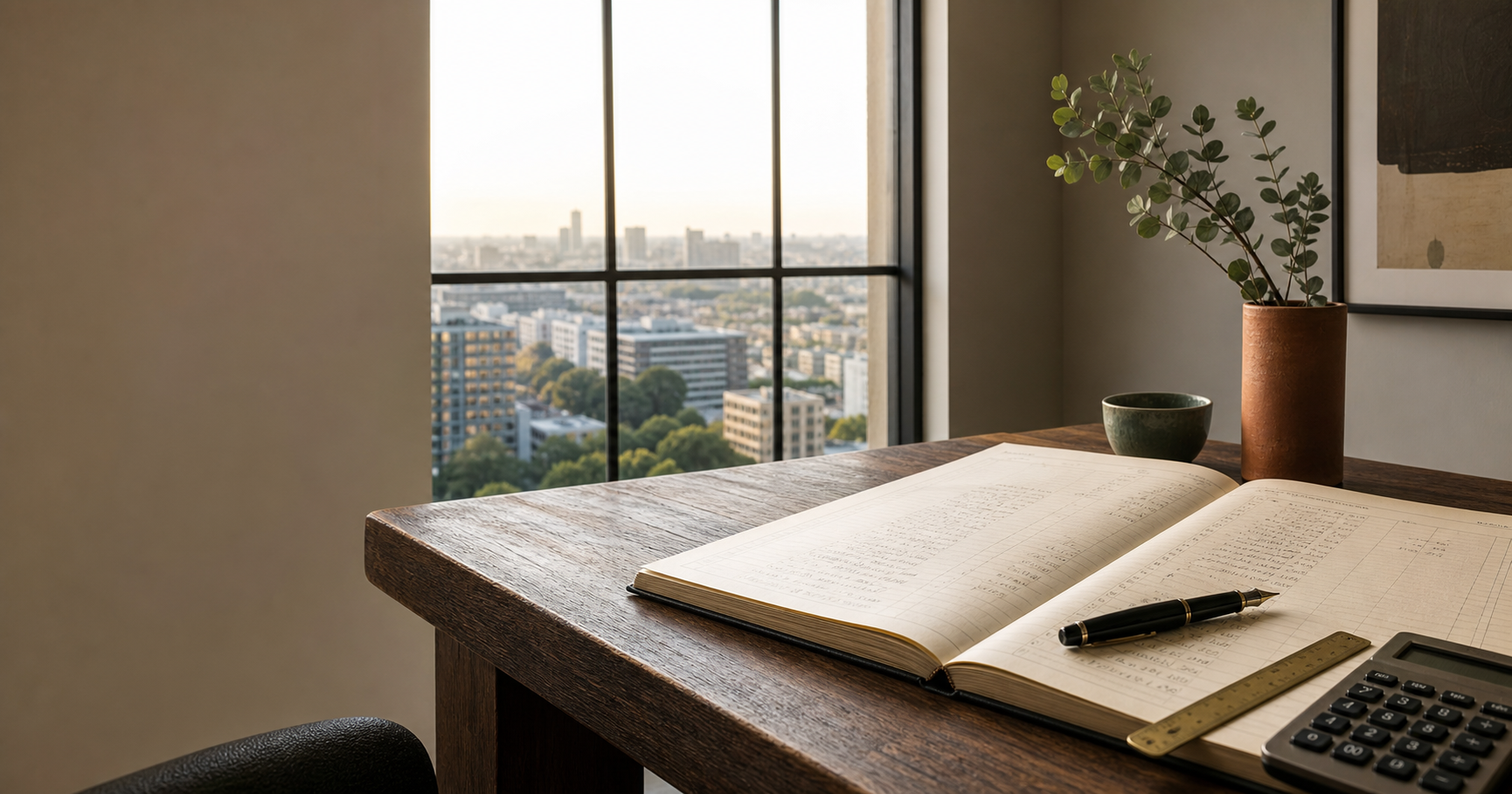 An open accounting ledger overlooking Johannesburg